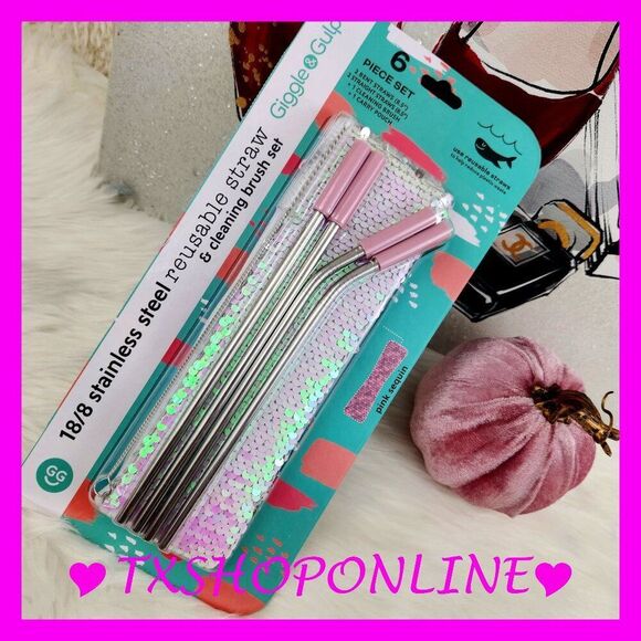 💗🌺 Stainless steel reusable straws with pink sequin case 🌺💗NEW - Picture 1 of 6